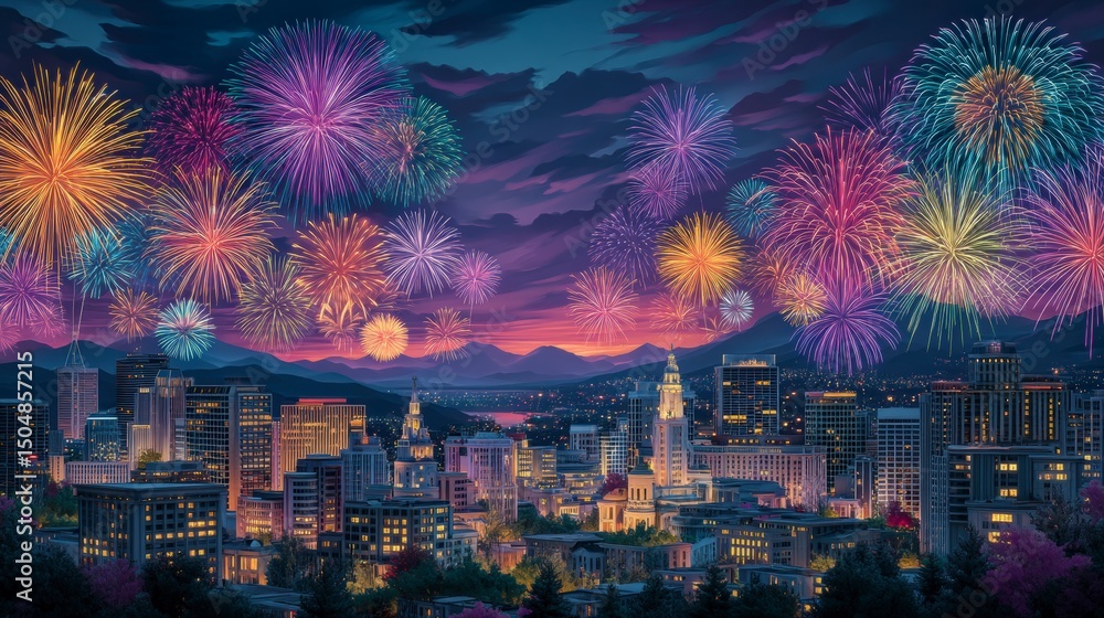 Obraz premium Festive Cityscape Fireworks Display over Night City Skyline