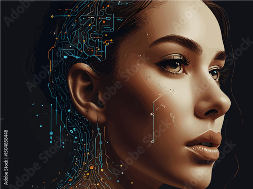 Futuristic Woman Portrait with Digital Circuit Elements and Cybernetic Design