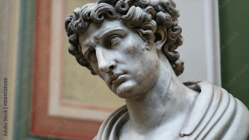 Close-up view of neoclassical style marble bust of a man with curly hair, looking slightly downward in a museum or gallery setting Close-up view of neoclassical style marble bust of a man with curly hair, looking slightly downward in a museum or gallery setting