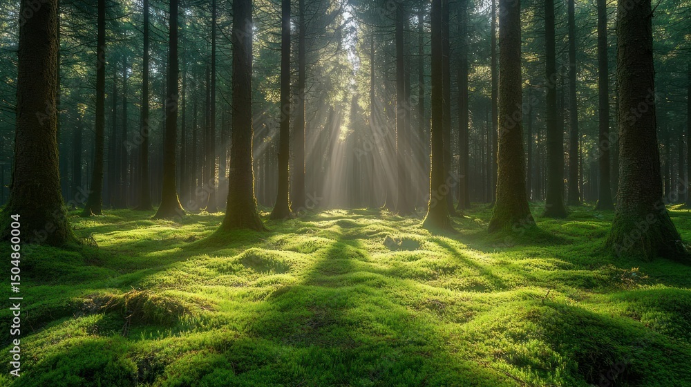 Fototapeta premium Sunlit forest, mossy ground, ethereal light, peaceful scene.