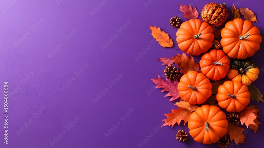 Autumn pumpkins and leaves on purple background Autumn pumpkins and leaves on purple background