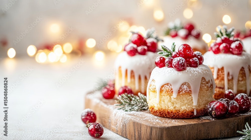 Christmas Mini Cakes with White Glaze and Red Berries on Wooden Board Festive Holiday Dessert Scene Christmas Mini Cakes with White Glaze and Red Berries on Wooden Board Festive Holiday Dessert Scene