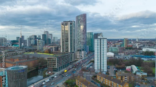 Wallpaper Mural Traffic flow and modern iconic tower against cloudy sky in the big city , Hyper lapse ,Crane up shot , London UK Torontodigital.ca