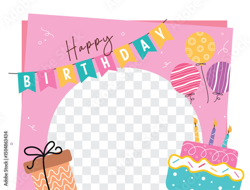 Happy birthday greeting clipart banner design. Birthday greeting template with text and colorful balloons, cake and gift box clip art for happy holiday