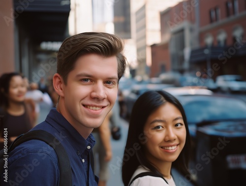 In one photo, a handsome white man and an Asian woman stand back to back, smiling at the camera. The background of the photo is a busy street in the United States. 