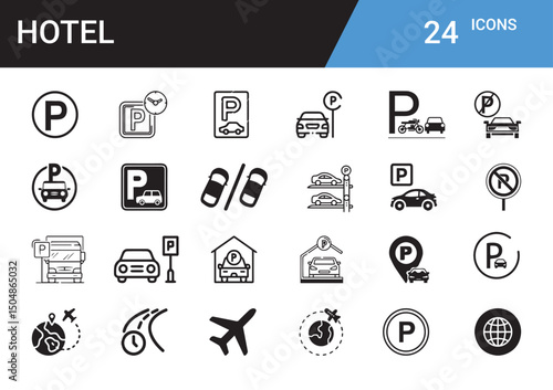 Hotel Parking and Travel Icons: A collection of simple line art icons representing hotel amenities, parking facilities, and modes of travel.