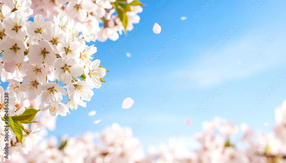 Fototapeta premium 満開の桜。桜の花びらが舞う。背景は青空が広がる。Cherry blossoms in full bloom. Cherry blossom petals are falling. The background is a clear blue sky.