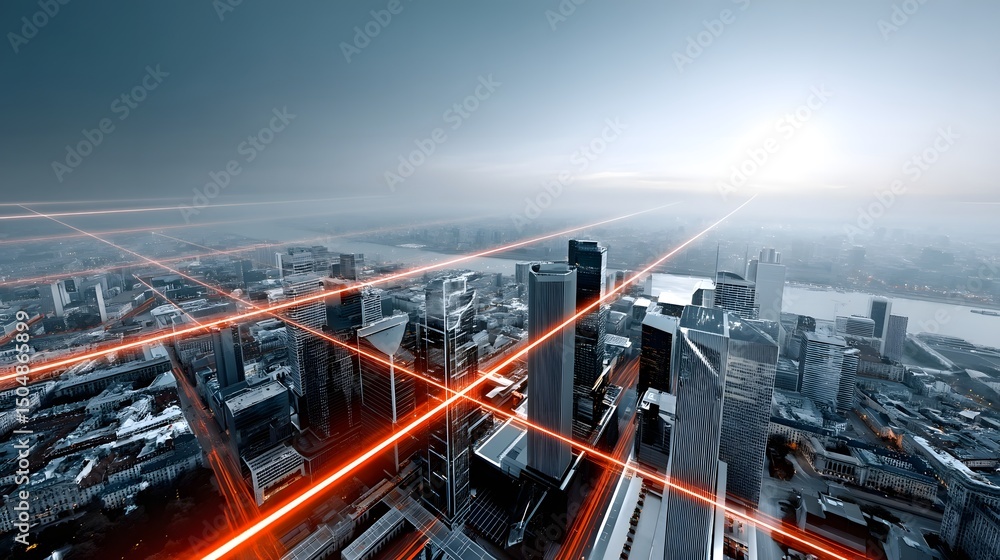Fototapeta premium Futuristic city with data streams and smart infrastructure