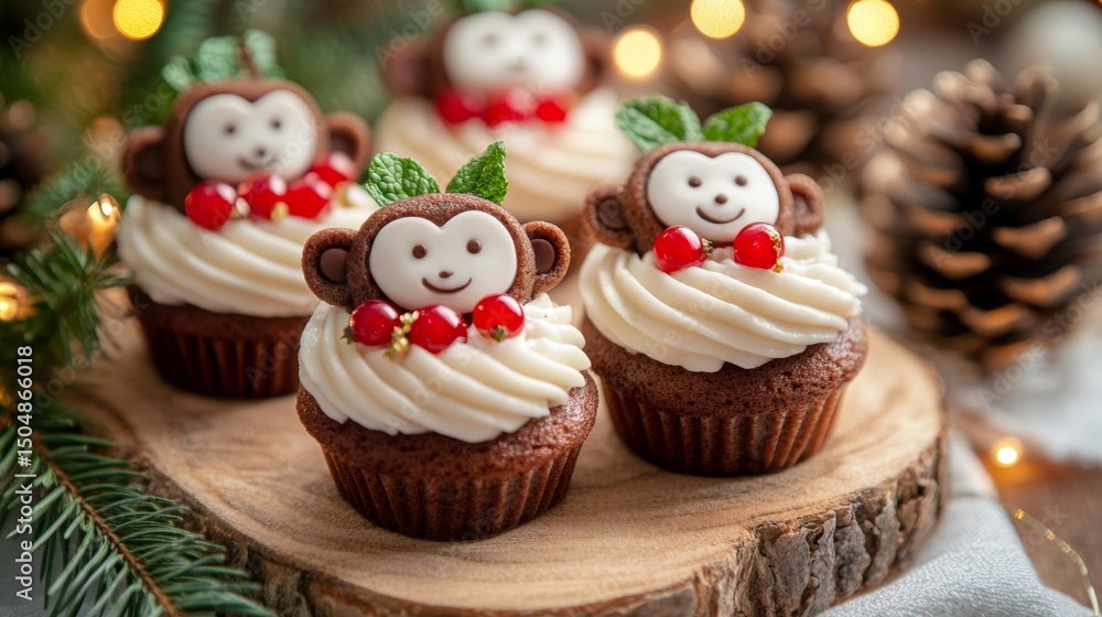 Monkey-Shaped Mini Cakes with Red Berries and Mint on Wooden Board Christmas Dessert Scene with Bokeh Lights Monkey-Shaped Mini Cakes with Red Berries and Mint on Wooden Board Christmas Dessert Scene with Bokeh Lights