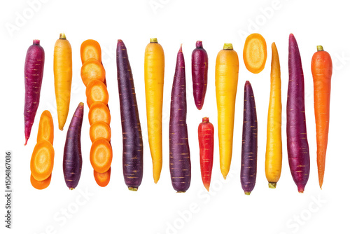 Whole pastel-hued baby carrots isolated on transparent background add playful vibe to kid-friendly veggie-dip marketing