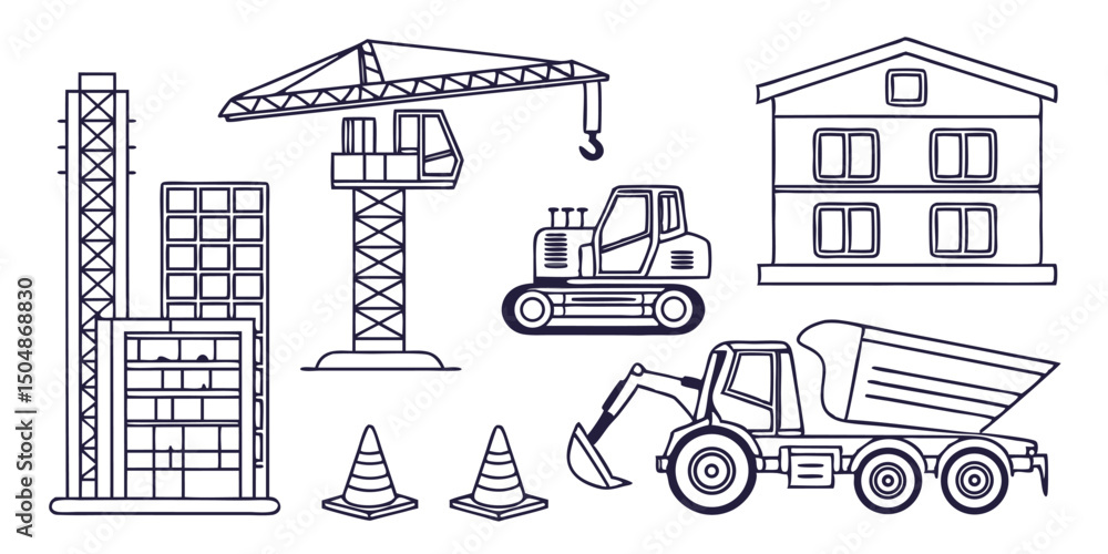 Fototapeta premium Construction & Tools Icon Set – Line Icons of Machinery, Equipment, Tools & Materials for Industrial Projects