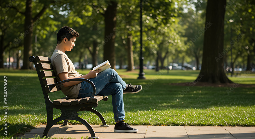 Fototapeta premium Young Man Reading Book on Park Bench Enjoying Sunlight and Serenity