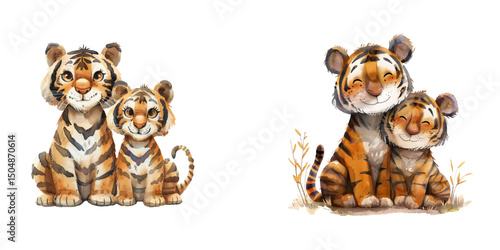 cute couple tiger watercolor vector illustration