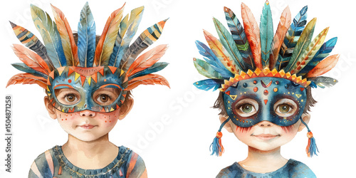 cute kid wearing carnival mask watercolor vector illustration