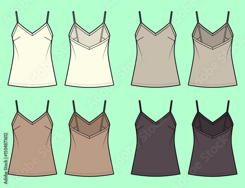 Women camisole tank top bundle technical drawing fashion flat sketch vector illustration template front and back views outline CAD mockup