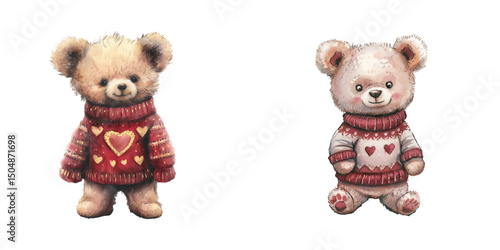 cute teddy bear wearing valentines sweater watercolor vector illustration