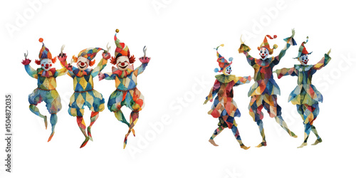 dancing clowns watercolor vector illustration