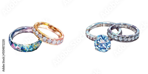 diamond couple rings watercolor vector illustration