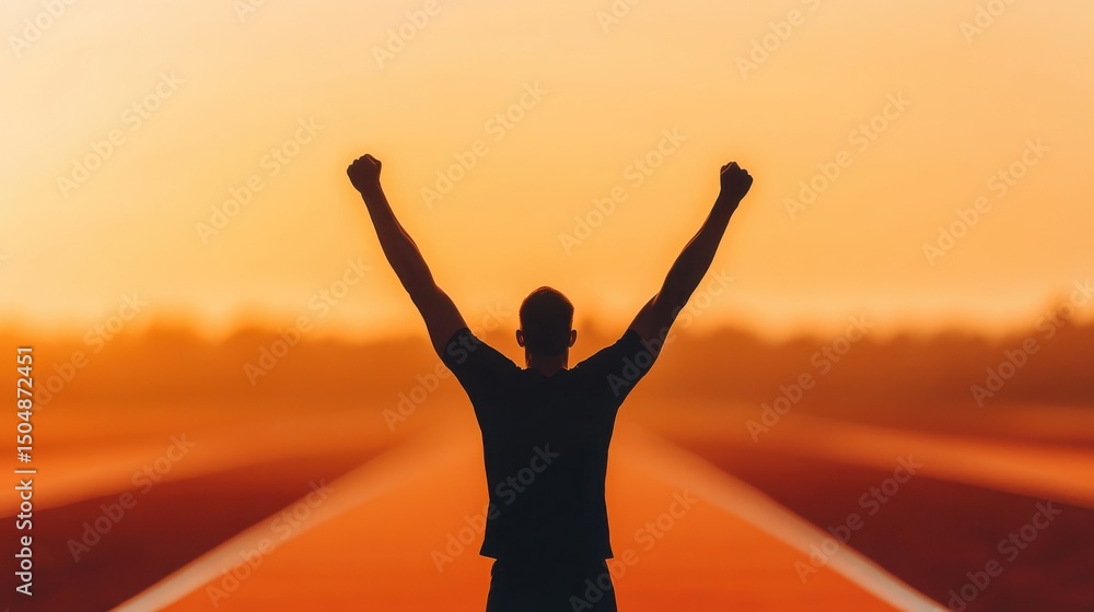 Fototapeta premium A person stands triumphantly on a road at sunset, arms raised in victory and celebration.