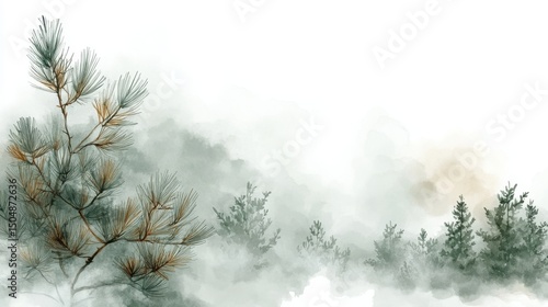 Watercolor painting of misty pine trees and foliage, creating a serene and tranquil forest landscape.