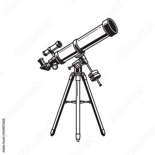 Detailed silhouette illustration of a classic astronomical telescope on a tripod for scientific research and exploration