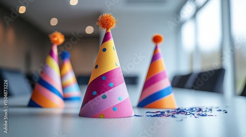 Colorful party hats on a table for celebrations and events