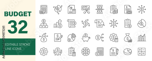 Budget icon set. Containing accounting, bookkeeping, distribution, banking, business, income, profit,  investment, finance, money and more. Editable line icons. Vector illustration.
