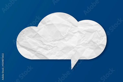White speech bubble crumpled paper isolated on blue background