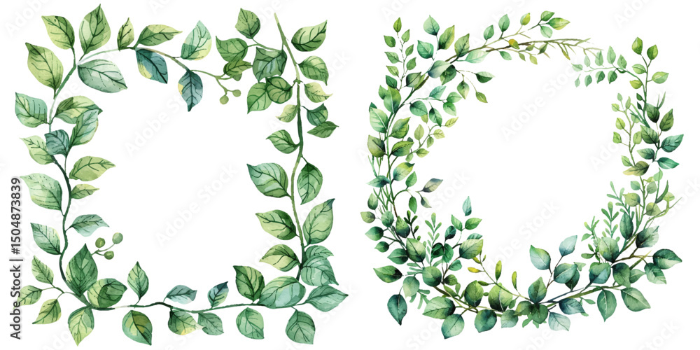 Fototapeta premium greenery frame border watercolor vector illustration