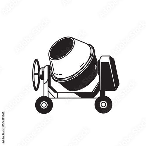 Black and white silhouette illustration of a concrete mixer machine for construction and building projects