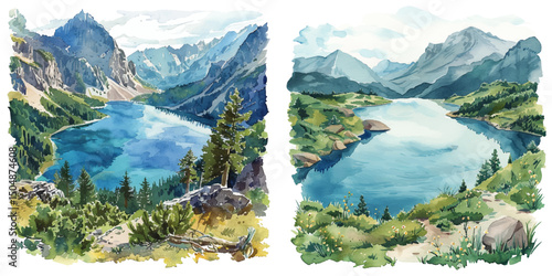 high altitude lake view watercolor vector illustration