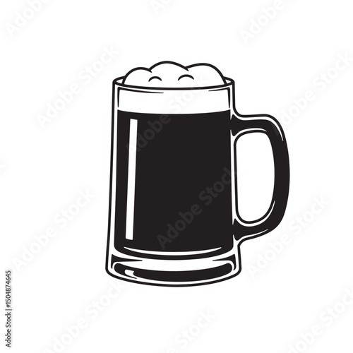 Vector illustration of a beer mug filled with dark beer and creamy foam featuring a classic silhouette