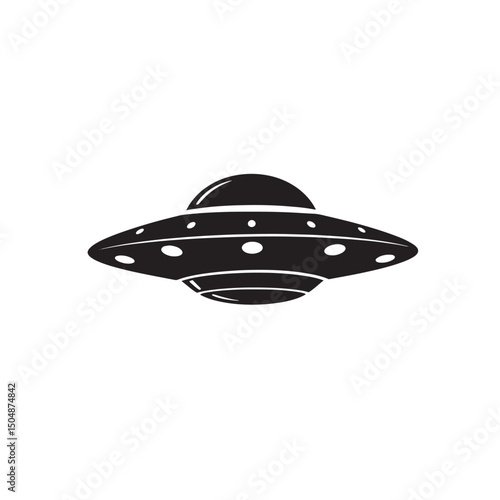 Black and white illustration of a classic flying saucer ufo silhouette for extraterrestrial and space exploration concepts.