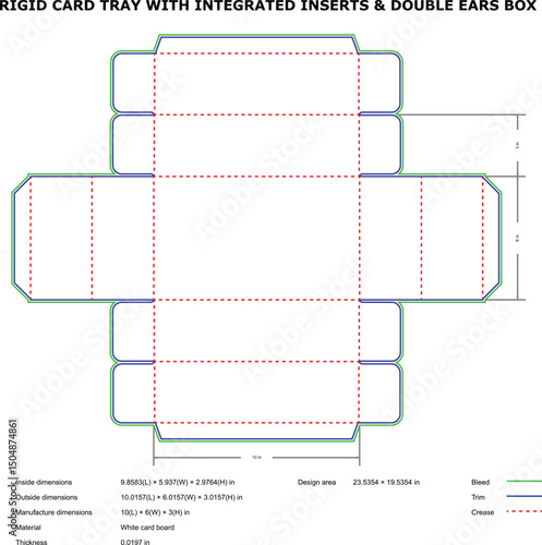 Rigid card tray box diecut template integrated inserts double ears