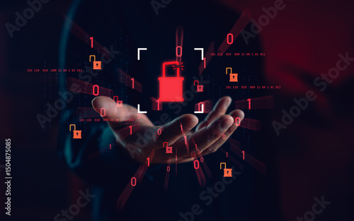 Fotografie Cybersecurity breach concept with a hand holding an unlocked padlock symbol, surrounded by binary code, representing data leakage, system vulnerability, and digital access threats