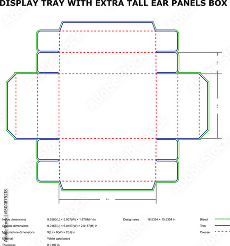 Display tray box diecut template extra tall ear panels