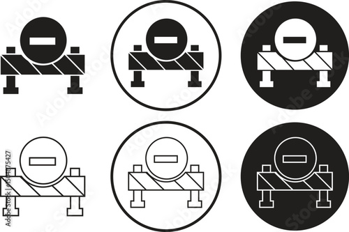 Barrier stop sign flat, line icons set. Block obstacle stripped fence with road sign. Under construction highway restricted symbol. Travel prohibited pictogram. Forbidden way on transparent background