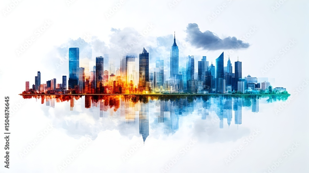 Obraz premium Colorful city skyline reflected in water, cloudscape