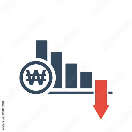 falling trend bar chart with south korea won sign and red down arrow, south korean currency inflation indicator or income forecast vector icon
