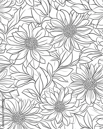 Elegant Floral Pattern: Delicate sunflower design with intricate line work, perfect for backgrounds, textiles, and creative projects.