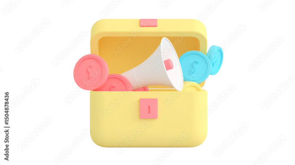 Yellow Treasure Chest with Megaphone and Coins for Marketing Promotion Concept Yellow Treasure Chest with Megaphone and Coins for Marketing Promotion Concept