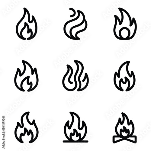 Collection of expressive flame icons representing passion and energy minimalist design on bright