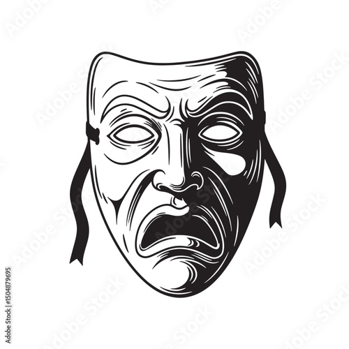 Dramatic tragedy mask in silhouette depicting sorrow and sorrowful expression