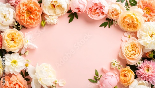 Wallpaper Mural Pastel-colored flowers arranged in a border on a pink background with a central empty space. Torontodigital.ca