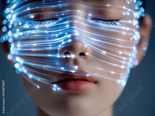 A serene face with closed eyes is overlaid by glowing blue fiber optic lights, creating a futuristic and digital aesthetic.