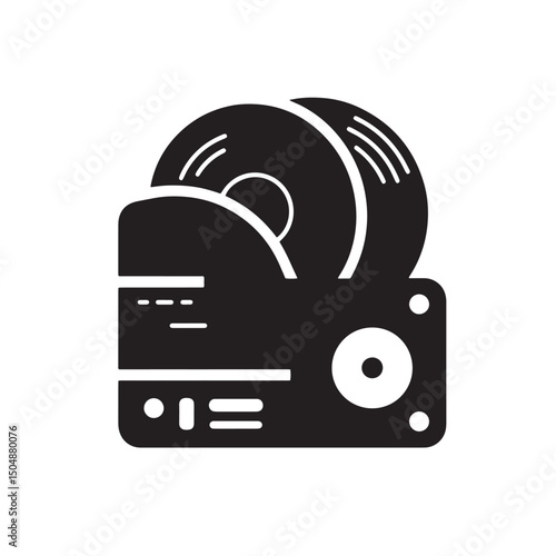 Black and white silhouette illustration of a cd player with compact discs digital media concept