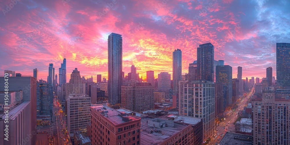 Fototapeta premium A city rooftop with a view of towering skyscrapers under a colorful sunset sky