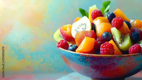Colorful fruit salad featuring vibrant berries and melons in a decorative bowl against a soft backdrop