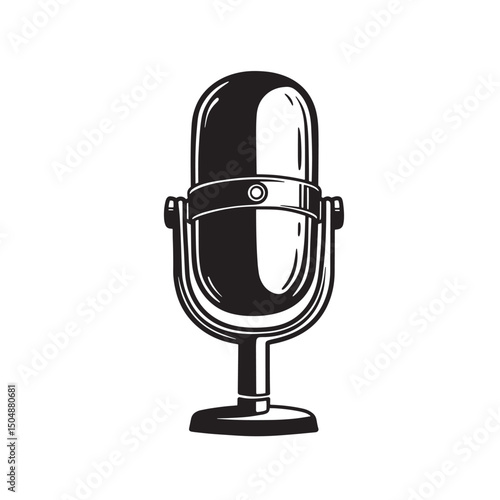 Classic retro microphone silhouette isolated on white background for audio recording podcast broadcasting