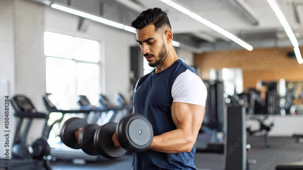 Young Man Engaged in Strength Training with Dumbbells in a Modern Gym Environment Young Man Engaged in Strength Training with Dumbbells in a Modern Gym Environment